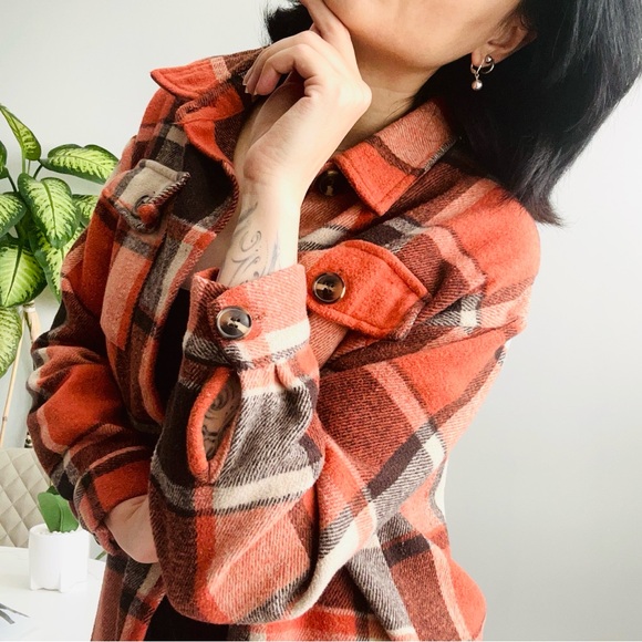 Plaid Flap Pocket Drop Shoulder Light Jacket - Picture 1 of 8